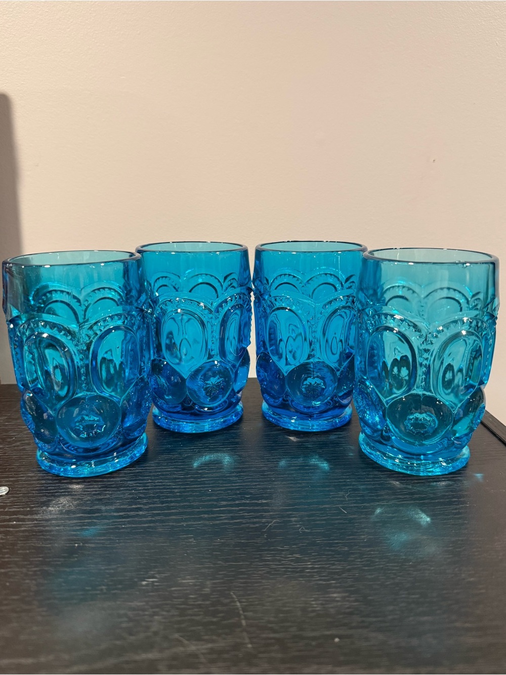 Vintage LE Smith Blue 4.75" Moon & Stars Glass
Footed Tumbler Lot of 4